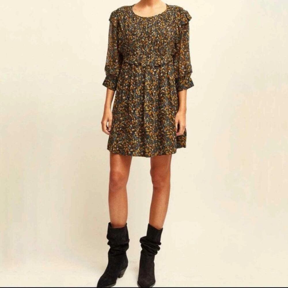 BA&SH Sandra Ruffle Georgette Leaf Print Babydoll Swing Dress 3 L